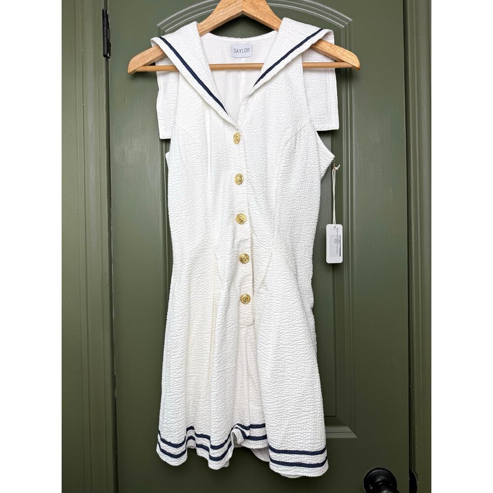 NWT Saylor Brooklynn Seersucker Sailor Romper Nautical Resort White Navy Small
